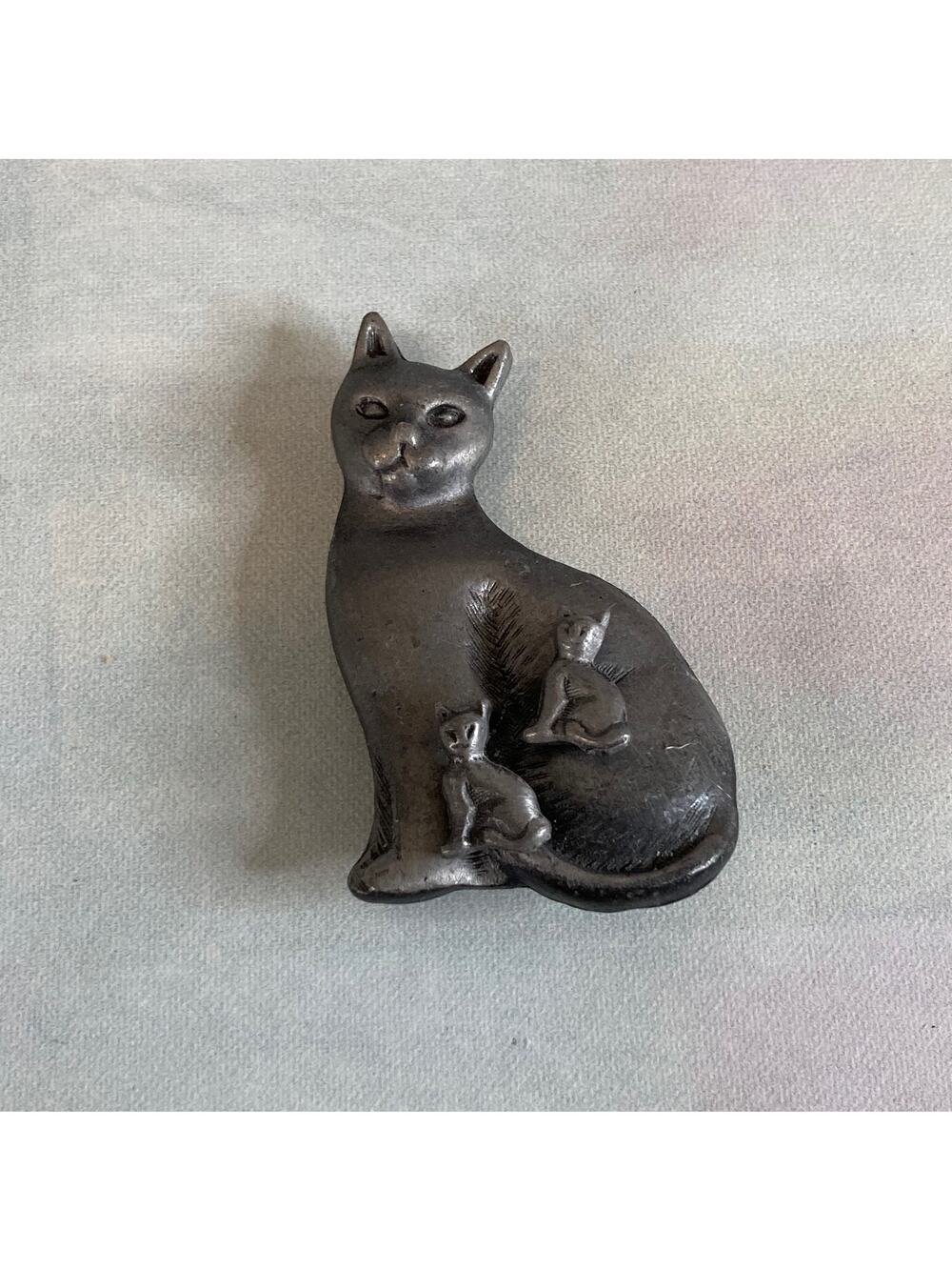 0079 Vintage 80s Pewter 3-in-1 Cat Brooch & Kitten Stud Earrings Jewelry Set